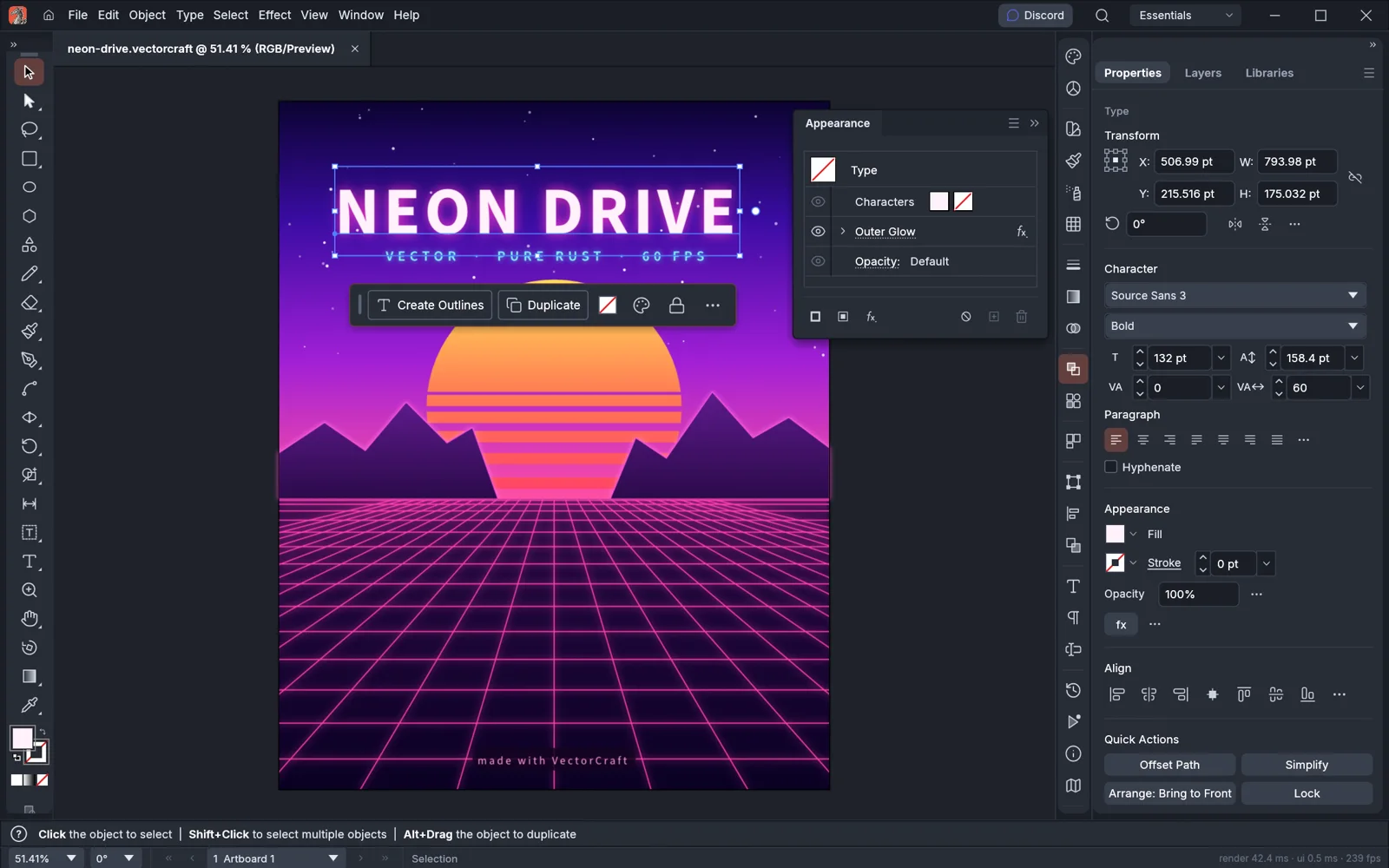محیط VectorCraft هنگام طراحی پوستر Neon Drive با ابزارهای برداری